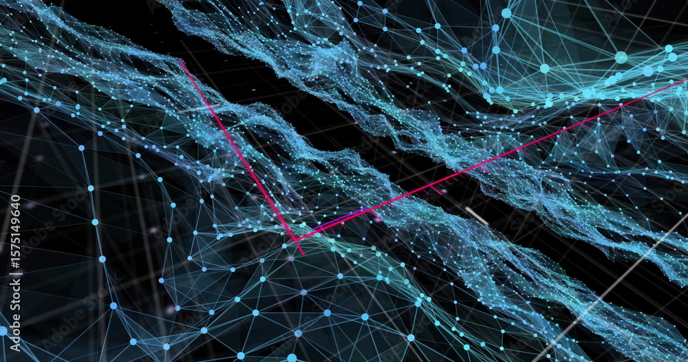 Poster displaying blue nodes converging with particle streams and pink arrows in digital wireframe mesh