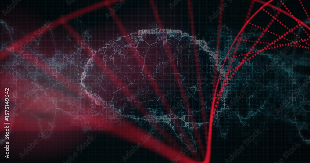 Poster displaying red curved lines forming helix over dark blue grid, highlighting global network traces