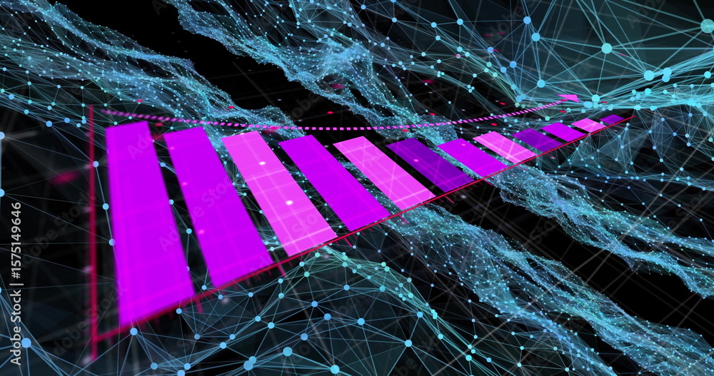 Poster floating magenta 3d bars receding in dark virtual data space, with azure nodes and dotted line