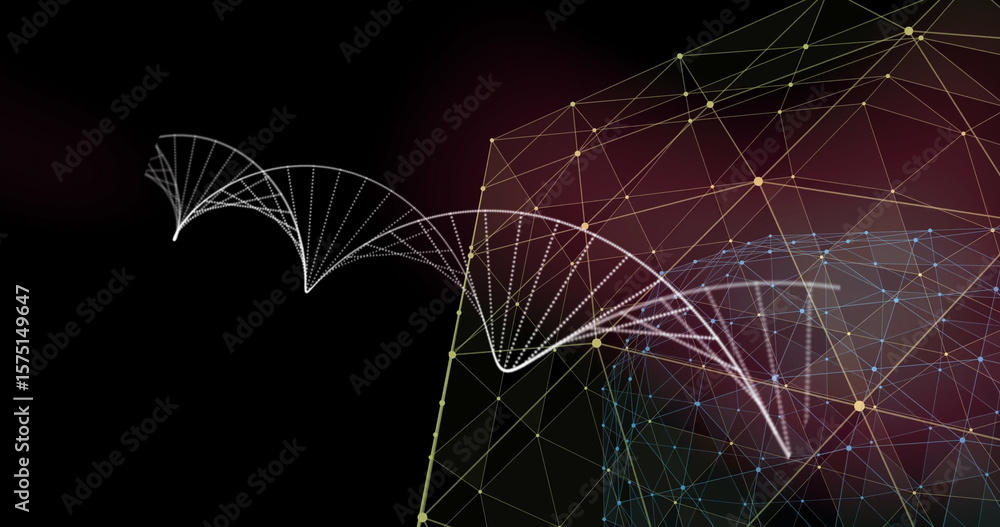 Poster displaying white dotted helix weaving via virtual 3d space, with prism and yellow-blue nodes grid