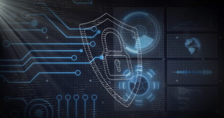 Wireframe shield with lock icon floating in dark grid interface, with circuit lines and data panels