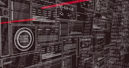 Displaying interface panels on control screen with error dialog boxes, red beams, waveform charts