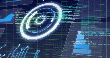 Showing circular hologram rotating in UI, with neon grid lines, code snippets and circuit traces