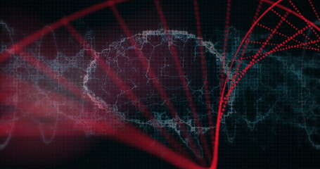 Displaying red curved lines forming helix over dark blue grid, highlighting global network traces
