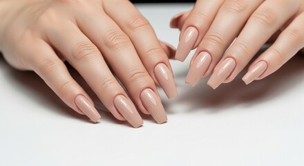 Fototapeta premium Female hands with glossy painted nails, flawless finish and clean background. Elegant image perfect for manicure advertising.