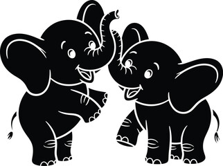 Two happy cartoon elephants with trunks raised in greeting and play