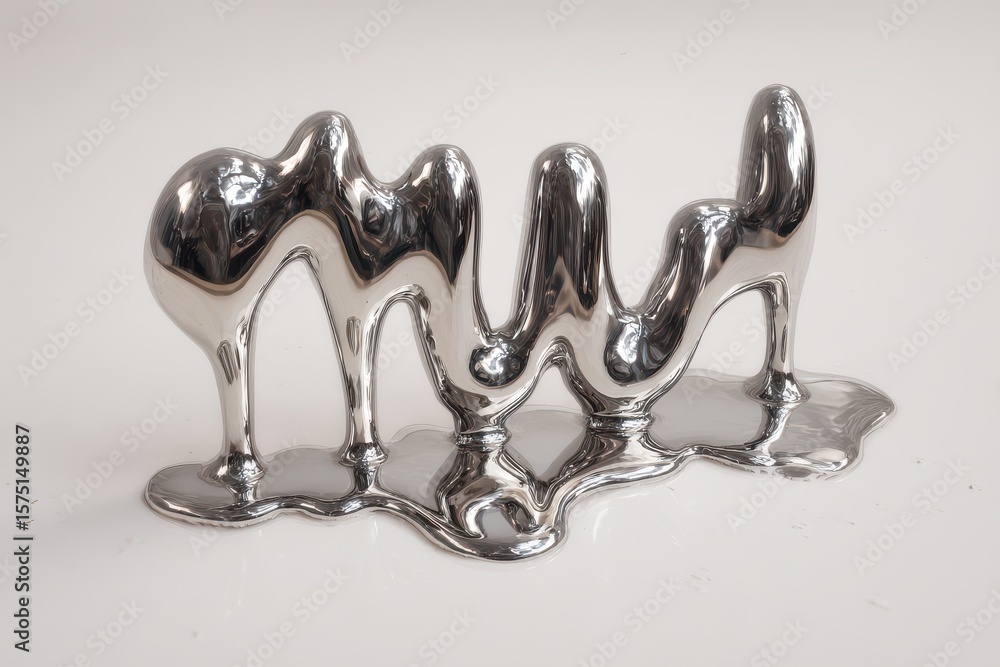 Poster close up of a shiny abstract sculpture with a melting effect on a white surface background studio sh