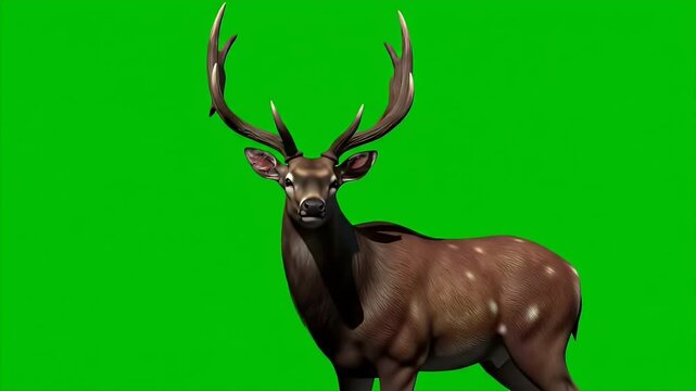 Detailed 3D Rendering of a Barasingha Deer with Brown Coat and White Spots Isolated on Green Screen Chroma Key