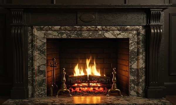 A dark, ornate fireplace with a blazing fire, showcasing a granite hearth and mantel.