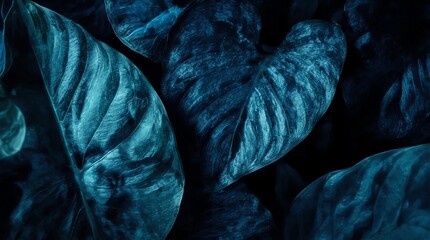 leaves of Spathiphyllum cannifolium in the garden, abstract green texture, nature dark tone background, tropical leaf
