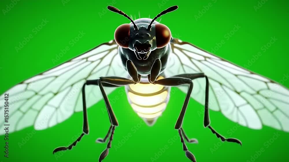 Poster firefly isolated on green screen chroma key in detailed 3d render showing luminescent bioluminescenc