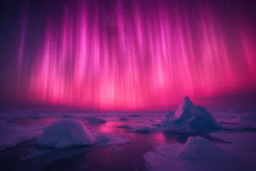 Fototapeten Spectacular pink aurora borealis dancing over arctic ice landscape © Jelena
