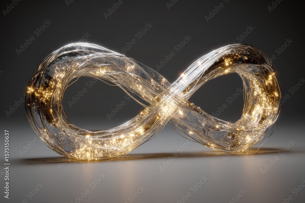 Aufkleber glowing infinity symbol made of wires and lights on a gray surface in a studio setting with soft lig