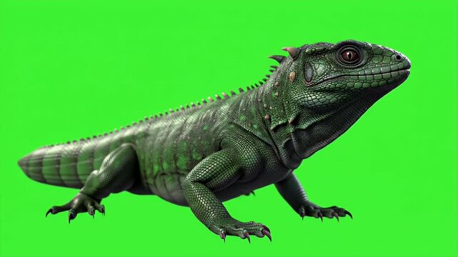 Green Basilisk 3D Render Isolated Against Green Screen Perfect for Compositing and Chroma Key Effects