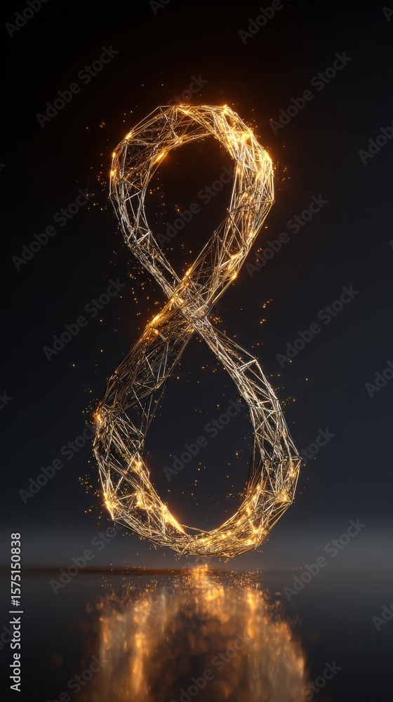 Poster a glowing figure eight made of interconnected lines floating above a reflective dark surface
