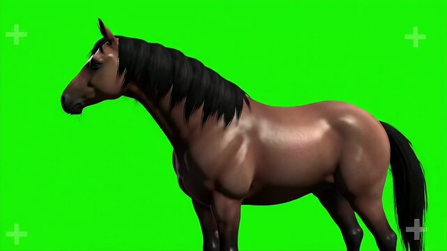 Majestic Dark Brown Marwari Horse Isolated on Green Screen 3D Render