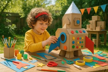 Imaginative child building spaceship from recycled materials in colorful backyard workshop setting