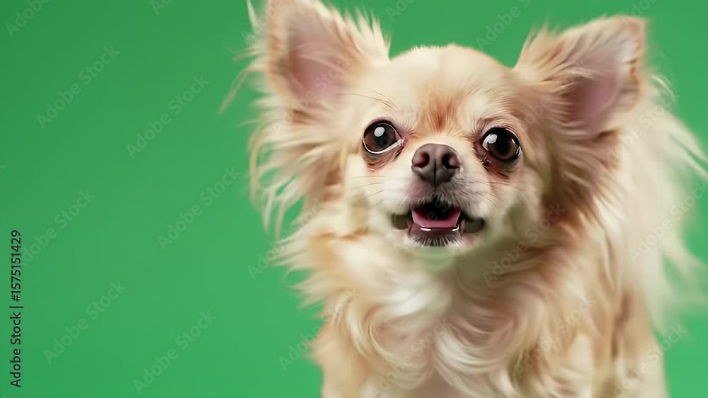 Poster playful long haired chihuahua with open mouth against green screen background demonstrating joyful e
