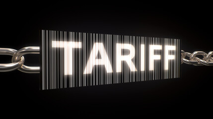 Tariff change concept with glowing text over barcode and metal chain symbolizing trade restrictions and economic control.