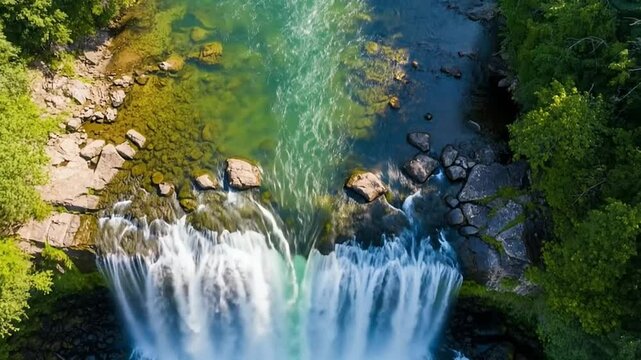 Vista a&eacute;rea de uma cachoeira imponente, capturada por drone. Aerial view of a stunning waterfall captured by drone, clear water, lush greenery. Natural, striking image for advertising.