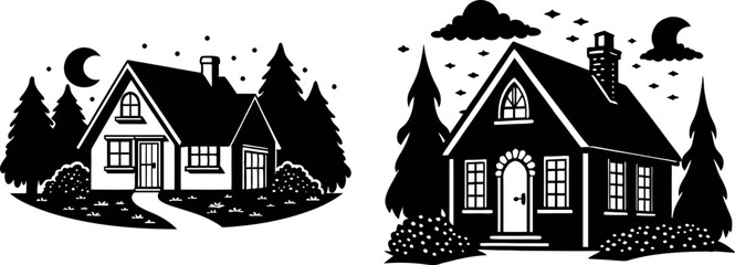 Two cozy houses in a forest at night vector illustration