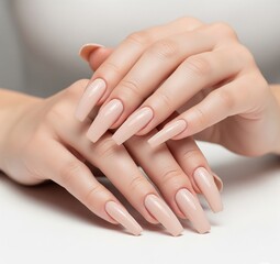 Fototapeta premium Female hands with glossy painted nails, flawless finish and clean background. Elegant image perfect for manicure advertising.