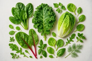 Organic leafy greens arranged artistically for healthy nutrition and plant-based lifestyle photography