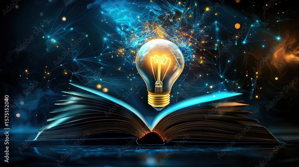 Poster an open book illuminated by a vibrant glowing light bulb representing the transformative power of kn