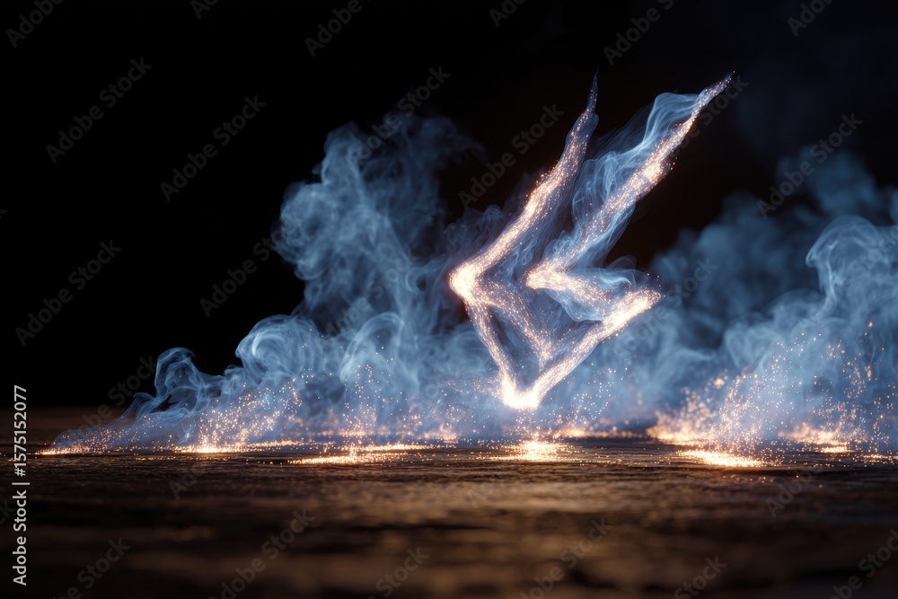 Poster illuminated symbol with smoke and sparks on a dark background creating a magical atmosphere