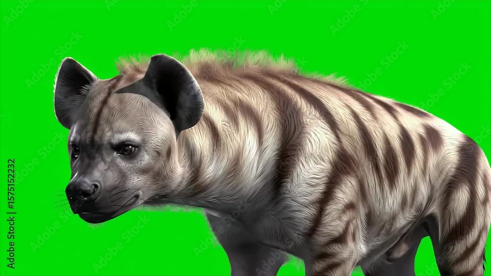 Poster striped hyena 3d render isolated on green screen for chroma key compositing and wildlife animation p