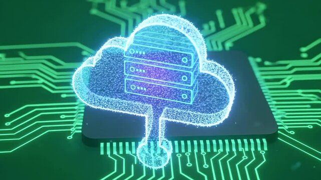Digital cloud storage concept with glowing servers on a circuit board, symbolizing technology evolution