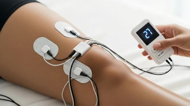 A tens therapy device is applied to a patients knee for pain relief and muscle stimulation during a rehabilitation treatment