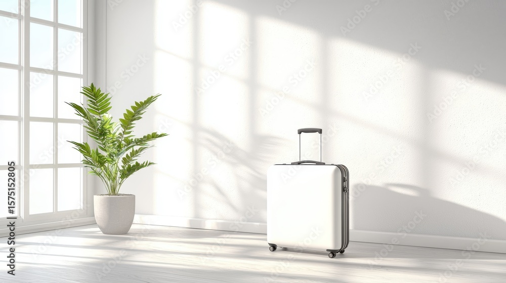 Poster a tranquil and minimalist living space featuring a large window a potted plant and a neatly placed t