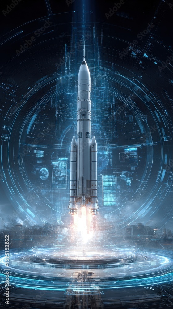 Poster a futuristic rocket launch enhanced by holographic displays and virtual reality elements illustrates