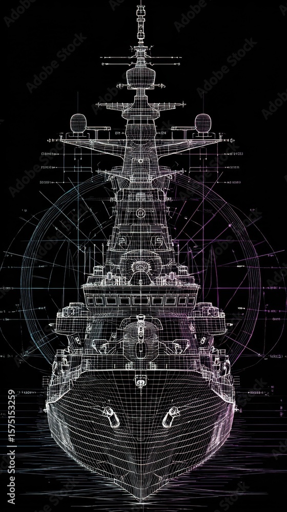 Aufkleber futuristic wireframe design of a multirole warship integrating advanced navigation systems and multi