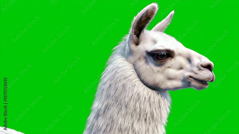 Poster detailed 3d llama portrait rendered with white fur isolated against green screen chroma key backgrou