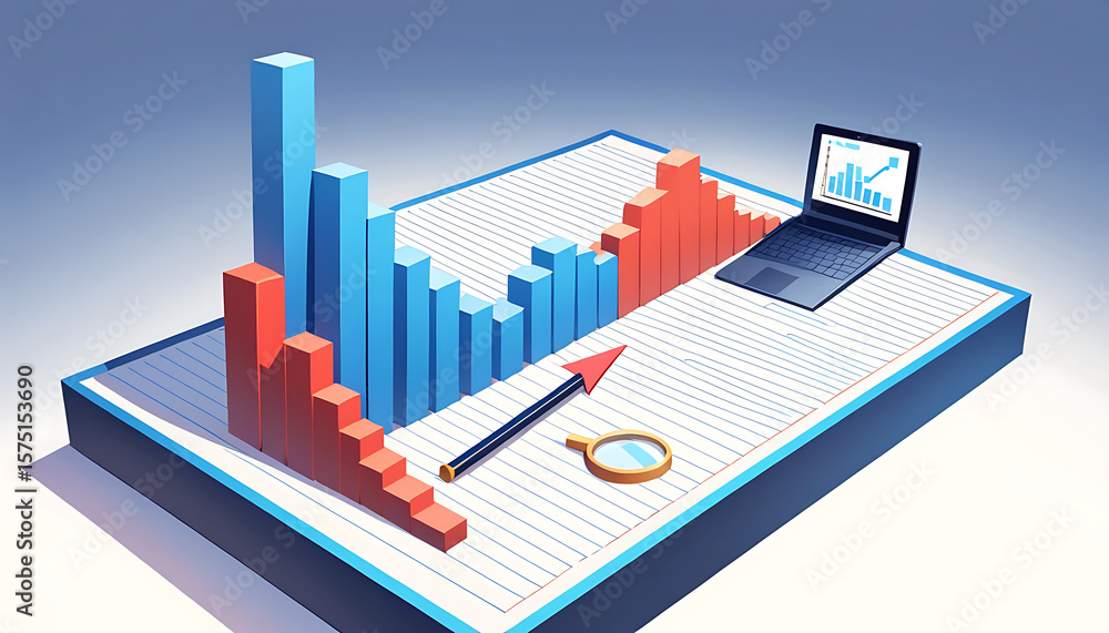 Poster stylized 3d bar graphs and laptop displaying financial data.