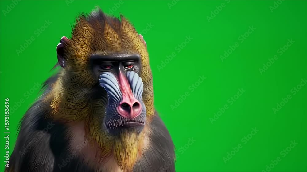 Poster detailed 3d render of a mandrill isolated on green screen perfect for compositing and animation proj