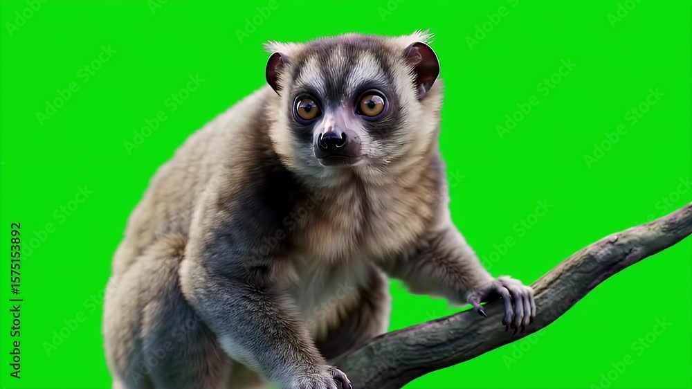 Poster loris perched on branch isolated on green screen with 3d render displaying large eyes fur and small 