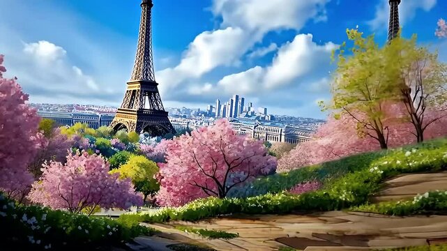 Panoramic View Of Paris With Eiffel Tower And Pink Cherry Blossoms In Spring Season With Blue Sky Background