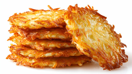 Crispy thin draniki potato pancakes stacked in a pile with one piece tilted forward to reveal texture, isolated on a white background.