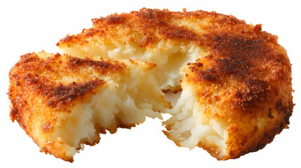 Close-up of a single draniki potato pancake with golden crispy crust and soft mashed potato interior, cut open and isolated on white background.