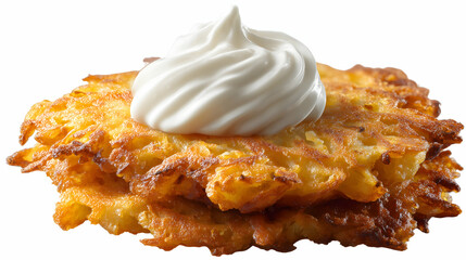 Crispy golden draniki potato pancakes stacked and topped with a swirl of creamy sour cream, isolated on a clean white background.