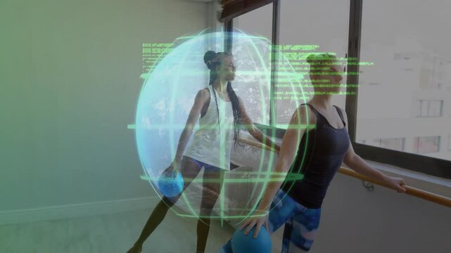 Leading woman placing hand on barre lifting leg with peer mirroring as health globe code animating