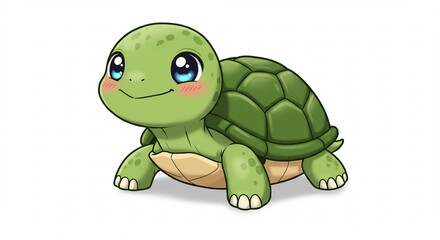 Fototapeta premium Adorable cartoon turtle happily poses against white background soft light enhances its charm. AI Generated