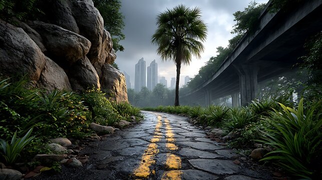 Asphalt road stretching under a series of modern flyovers and skybridges, with a backdrop of a sleek city skyline. - Powered by Adobe