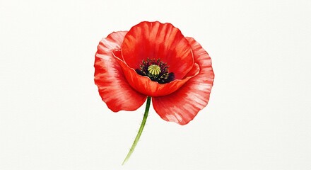 Vibrant red poppy blossoms delicately against a bright white background. AI Generated