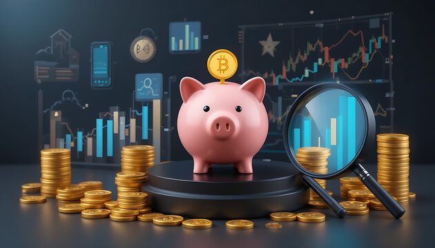 Pink Piggy Bank with Bitcoin Surrounded by Gold Coins and Financial Charts.