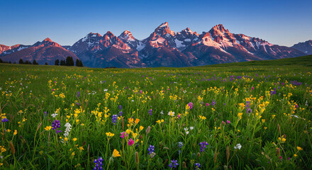 alpine meadow in the alps
mountain views with expanses of green savanna and beautiful flowers