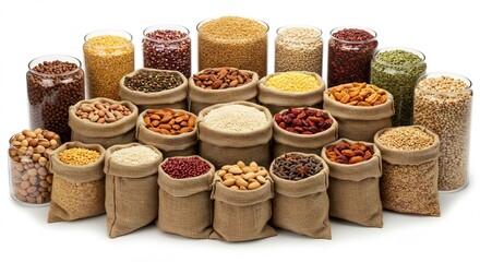 Vibrant grains and legumes overflow burlap sacks and glass jars brightly lit. AI Generated